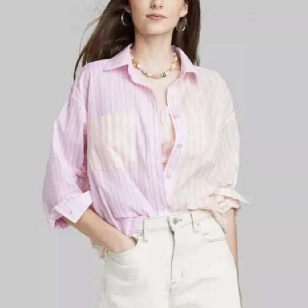 WILD FABLE Colorblock Striped Long Sleeve Button Up Shirt Yellow Pink Womens L